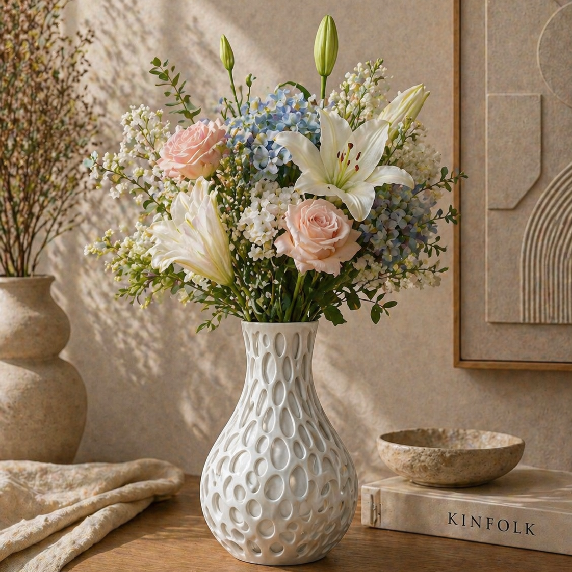 White textured vase with a bouquet of flowers on a wooden surface, with a neutral background.