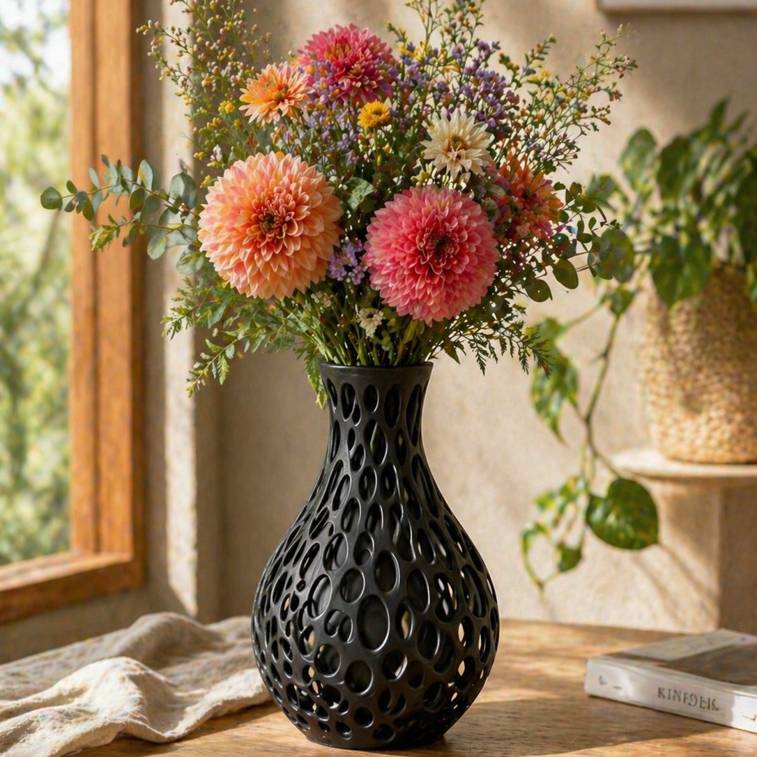 Black vase with a colorful bouquet of flowers on a wooden surface near a window.