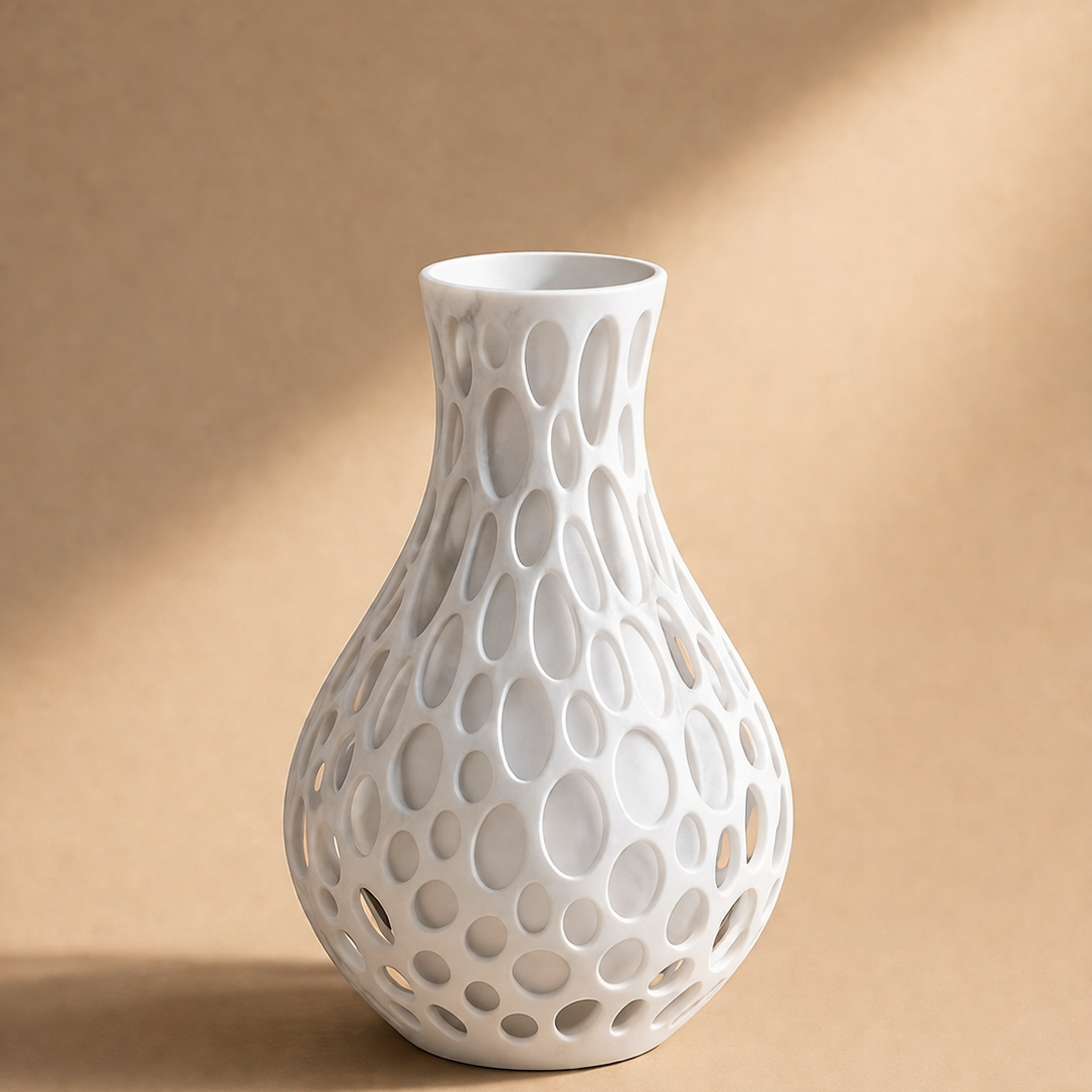 White ceramic vase with a textured, honeycomb pattern on a beige background