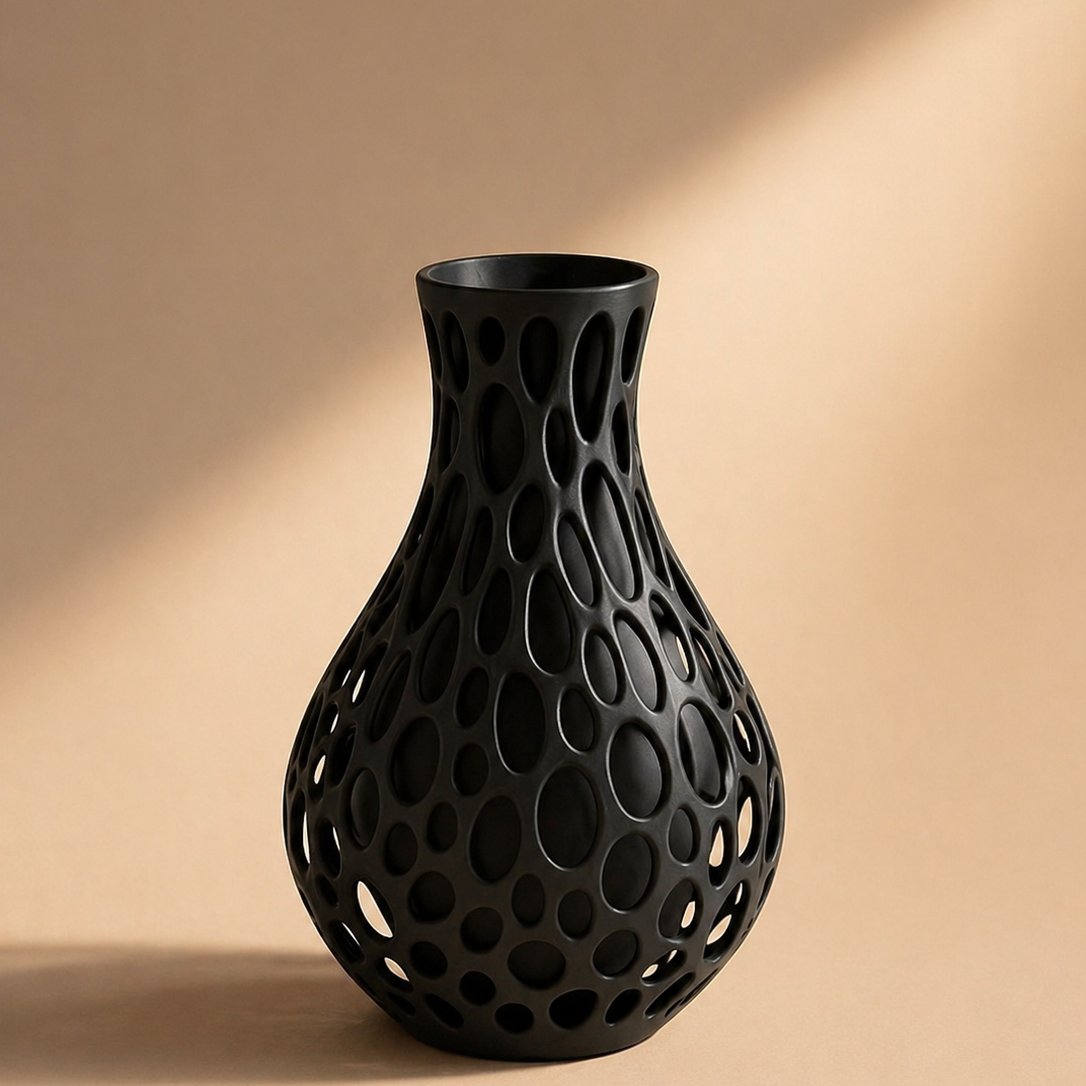 Black vase with a textured, honeycomb-like pattern on a beige background