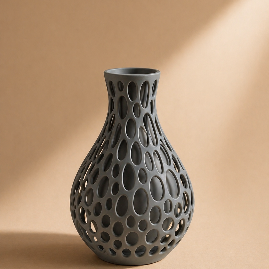 Black ceramic vase with a textured, honeycomb pattern on a beige background