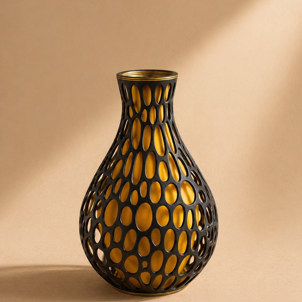 Decorative vase with a unique honeycomb design on a beige background